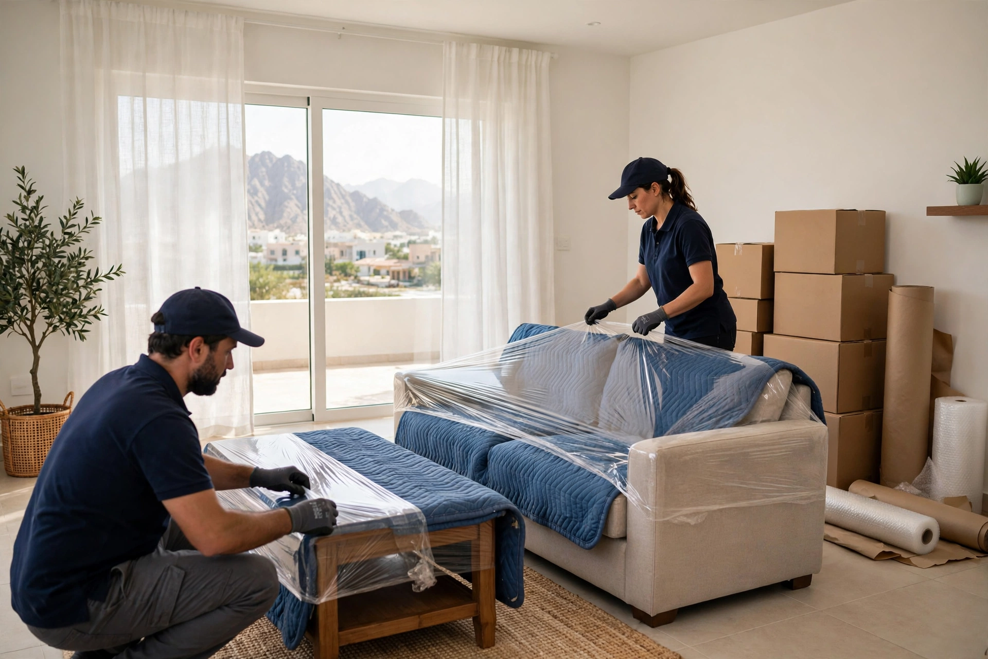 Movers carrying a wrapped sofa through a doorway in Al Mudayfi, Khor Fakkan