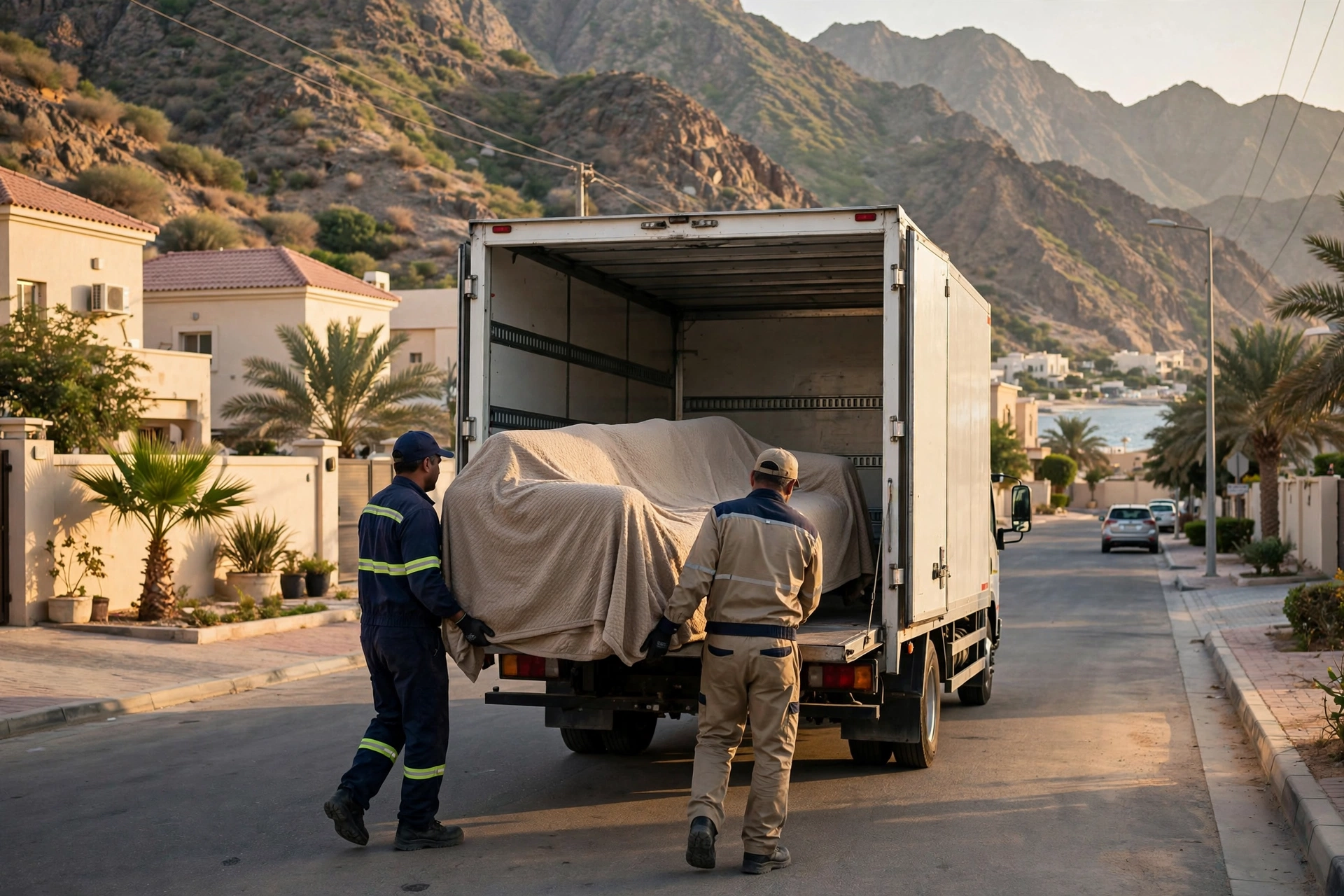 Packed and labelled boxes ready in a bright living room in Al Mudayfi, Khor Fakkan