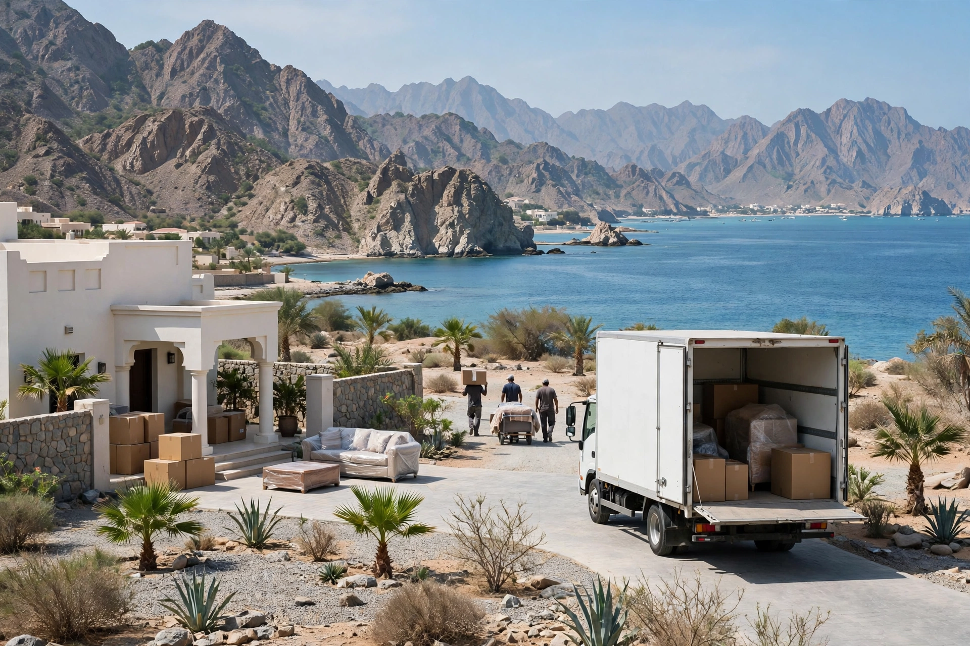 Movers loading a plain white truck outside a family villa in Al Muhallab, Dibba