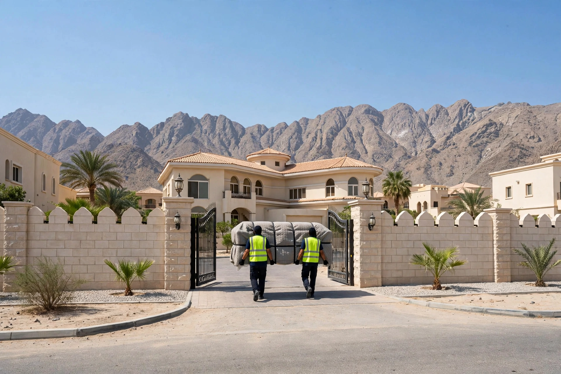 Movers carrying a wrapped sofa through a villa gate in Al Muhallab, Dibba