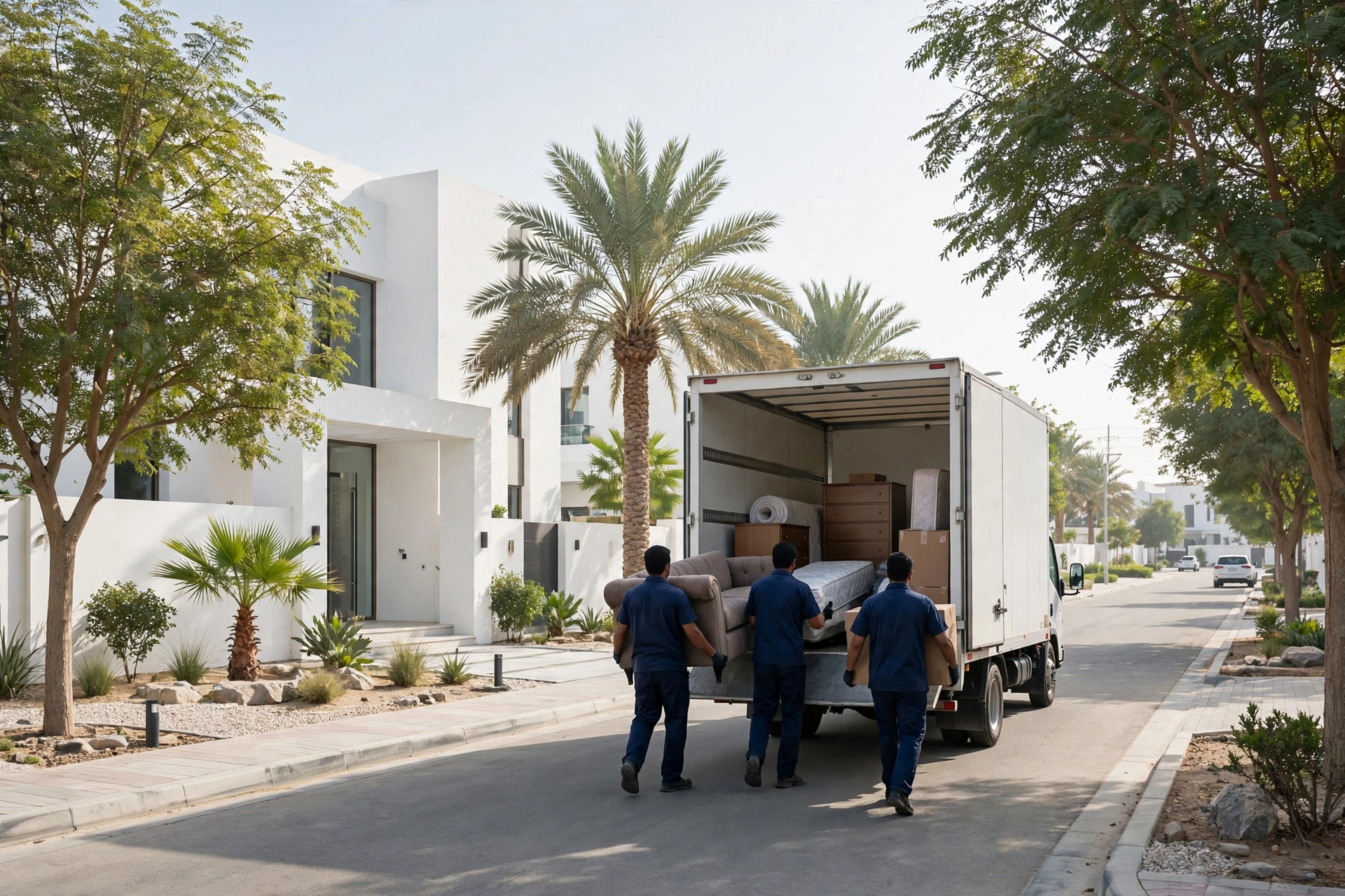 Movers loading a plain white truck outside a family villa in Al Mutaredh, Al Ain