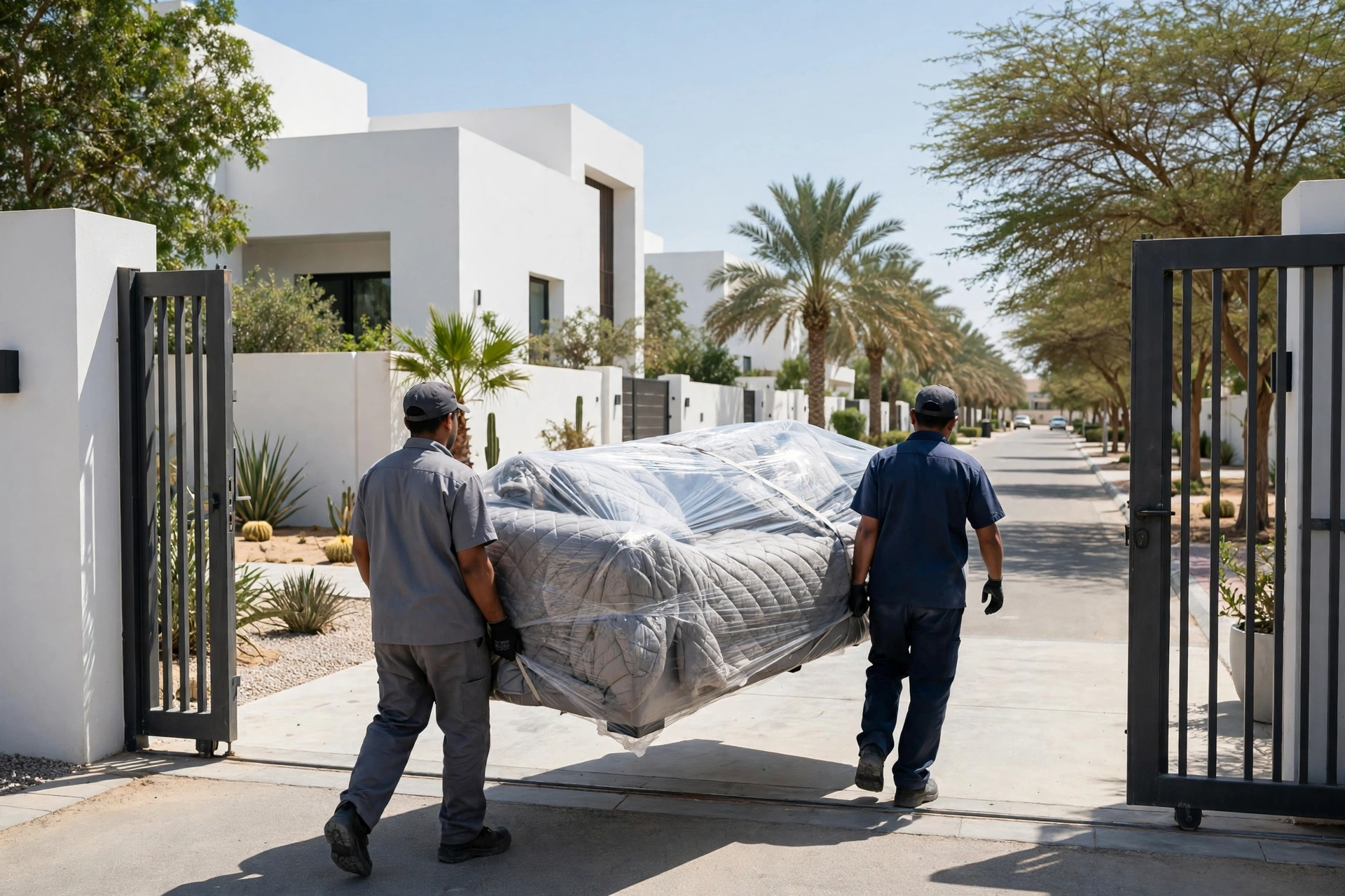 Movers carrying a wrapped sofa through a villa gate in Al Mutaredh, Al Ain