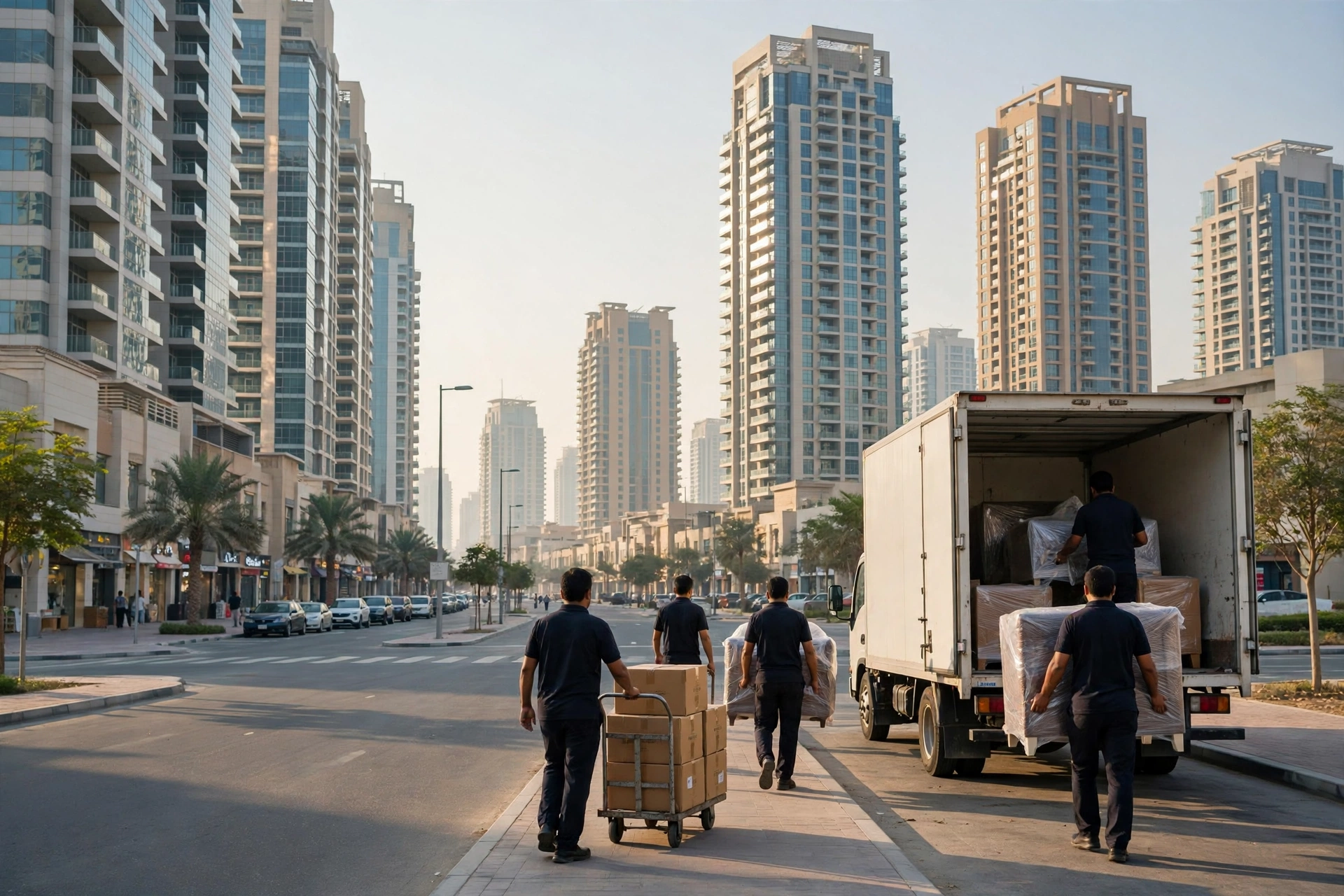 Movers loading a plain white truck outside a tall tower in Al Nahda, Sharjah