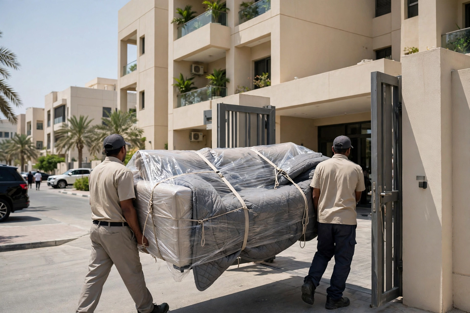 Crew carrying a wrapped sofa down a stairwell in Al Nakheel