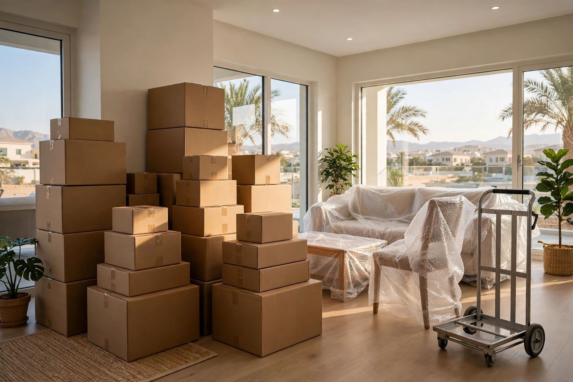 Labelled packing boxes stacked in a bright Al Nakheel apartment