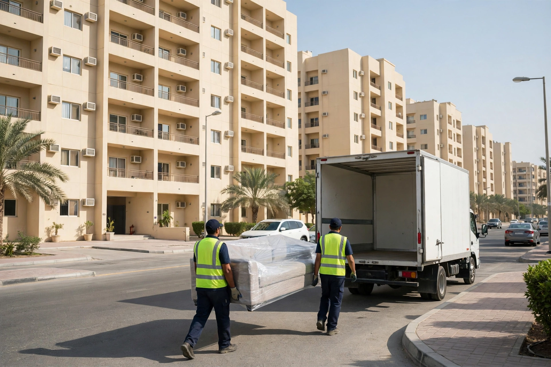 Movers loading a plain white truck outside a home in Al Nuaimiya, Ajman
