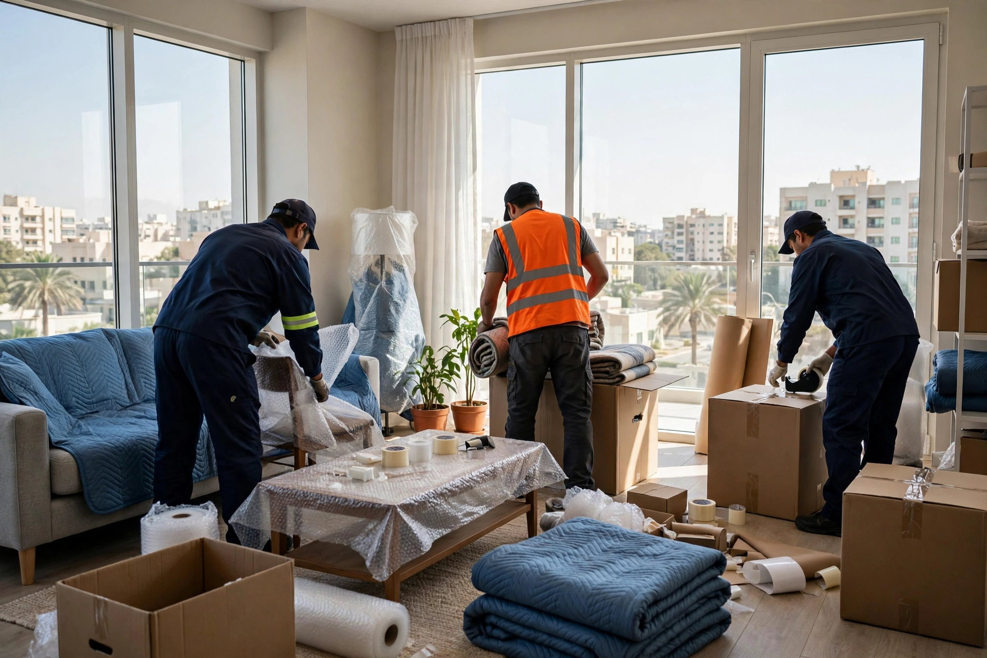 Movers carrying a wrapped sofa in Al Nuaimiya, Ajman