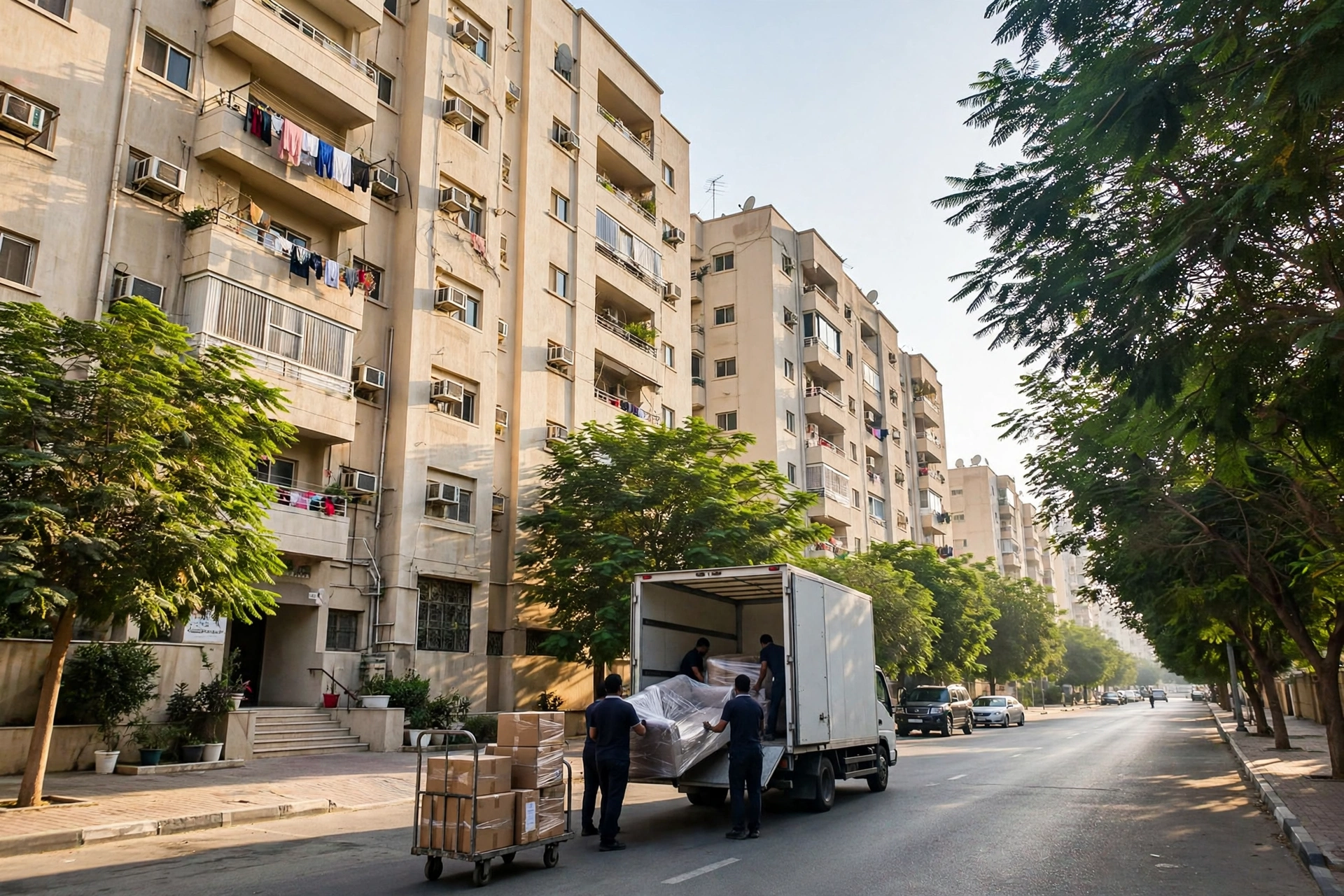 Movers loading a plain white truck outside an apartment block in Al Qasimia, Sharjah