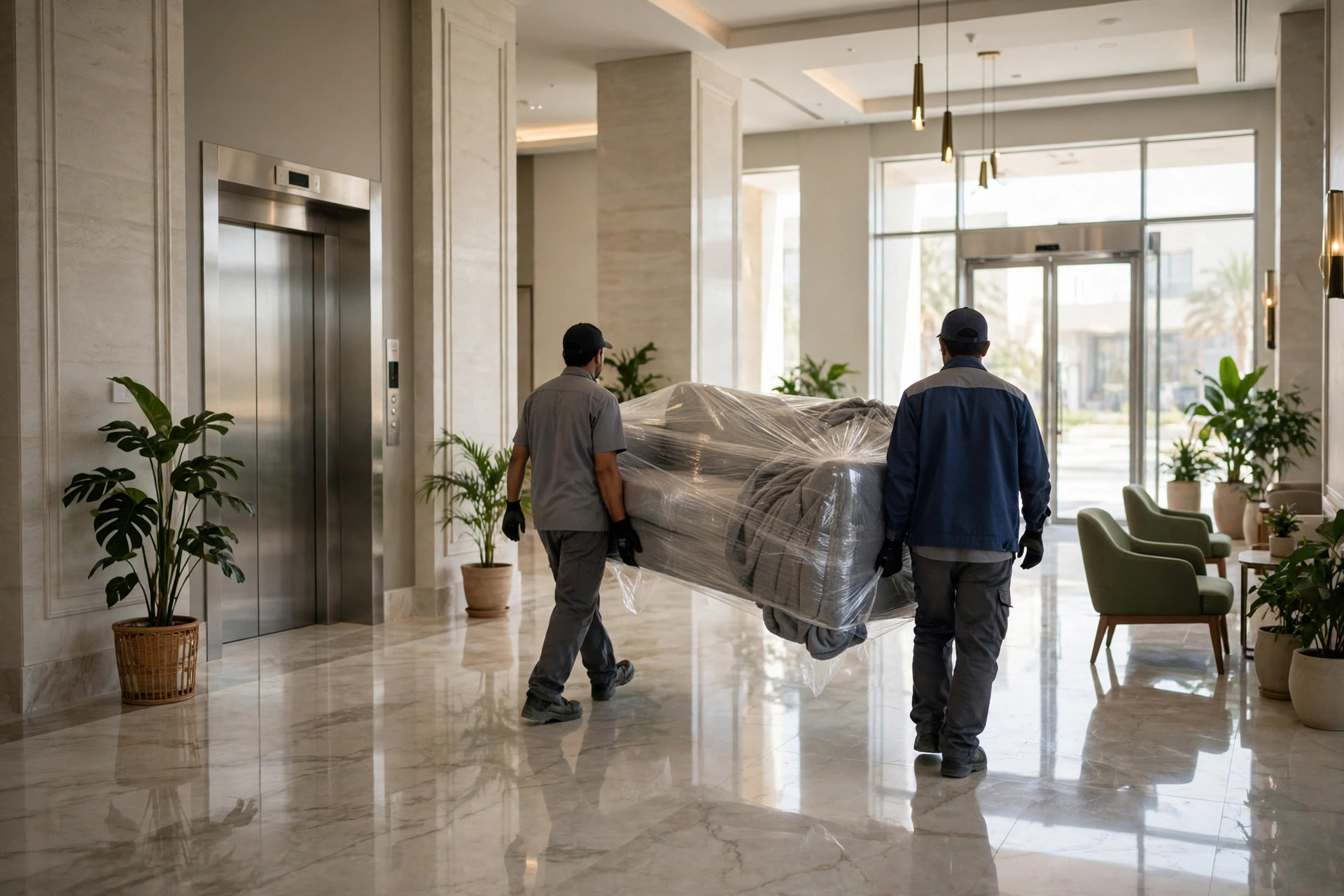 Movers carrying a wrapped wardrobe through a stair lobby in Al Qasimia, Sharjah