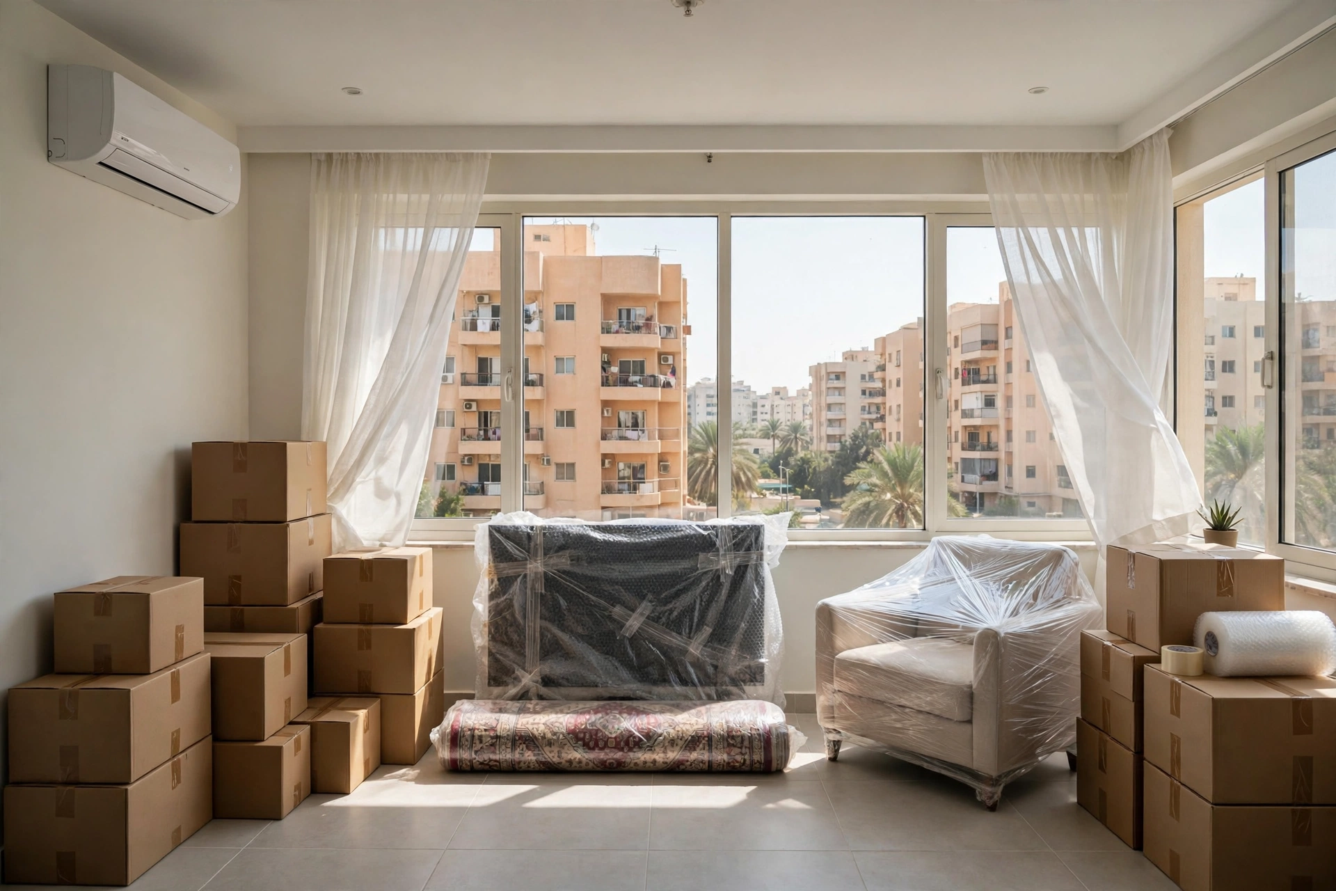 Packed and labelled boxes ready in an Al Qasimia apartment living room