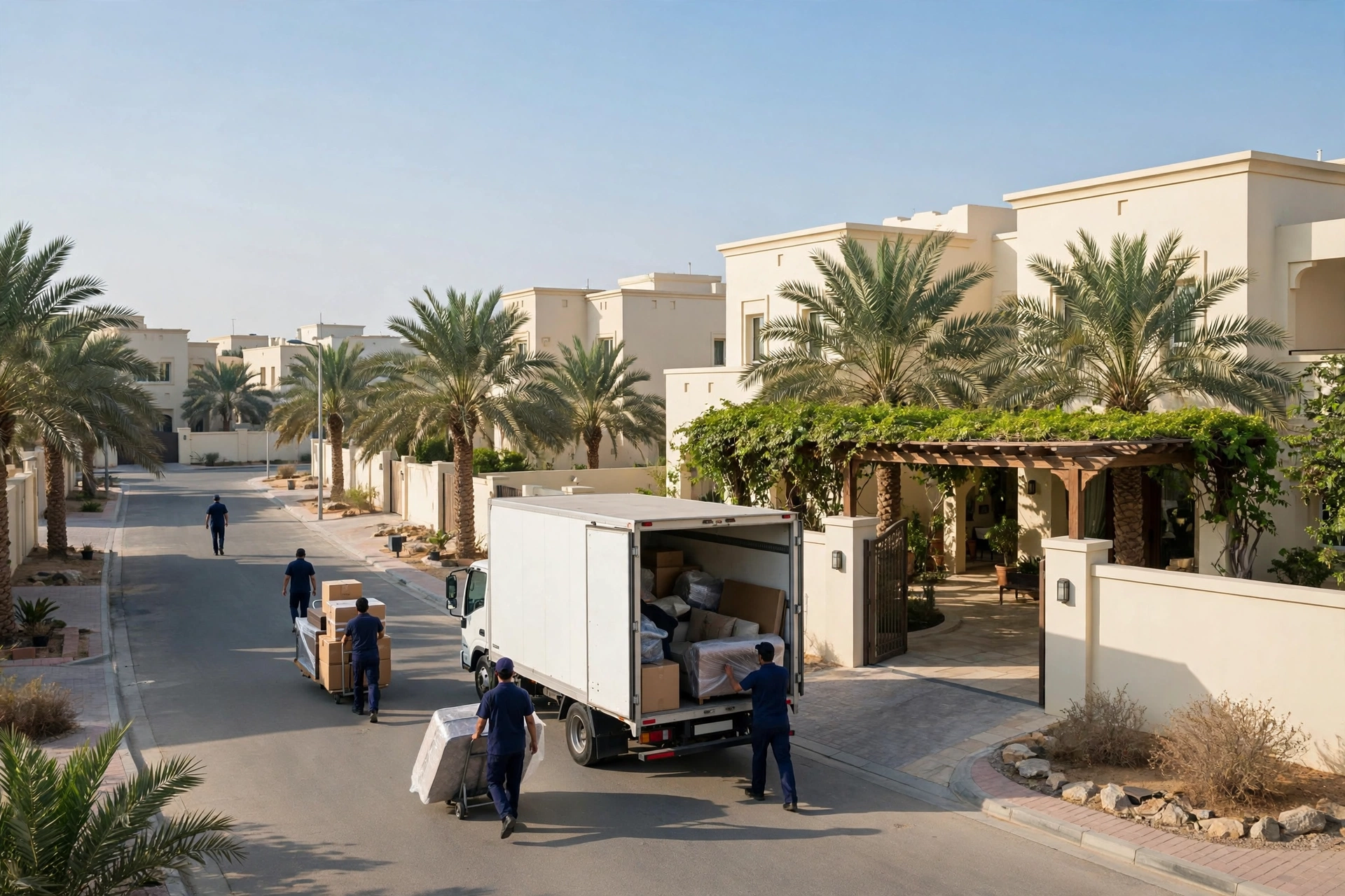 Movers loading a plain white truck outside a villa in Al Qusaidat, Ras Al Khaimah
