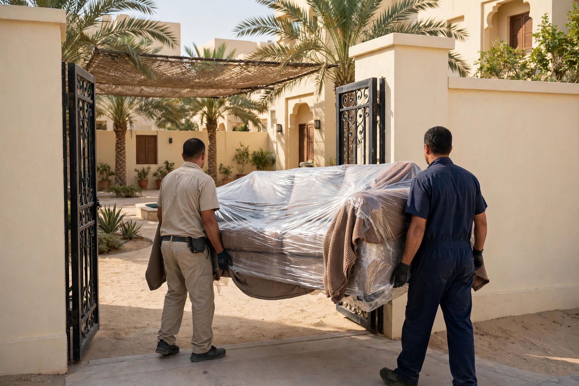Crew carrying a wrapped garden furniture set in Al Qusaidat