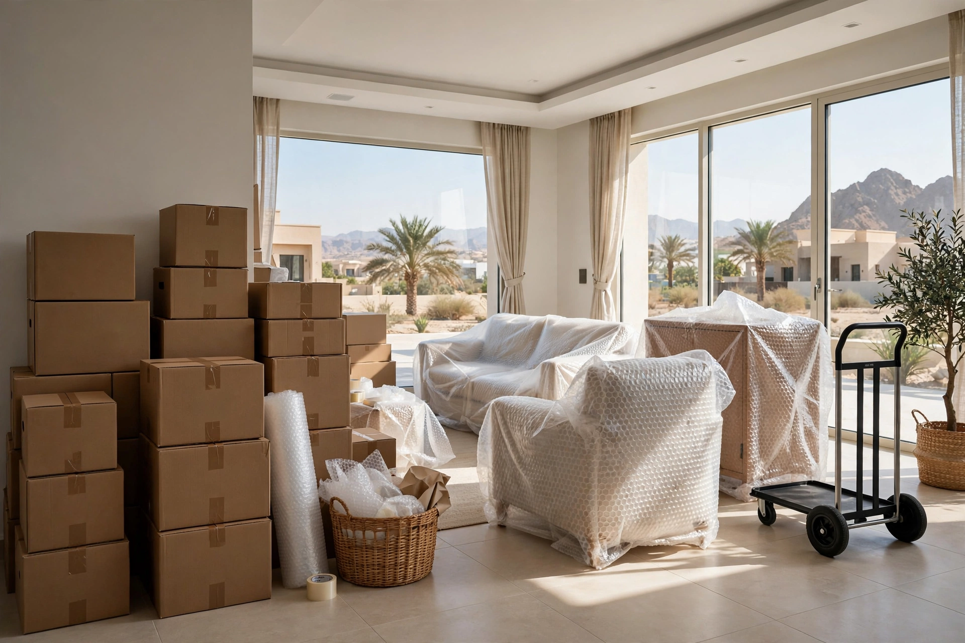 Labelled packing boxes stacked in a bright Al Qusaidat living room