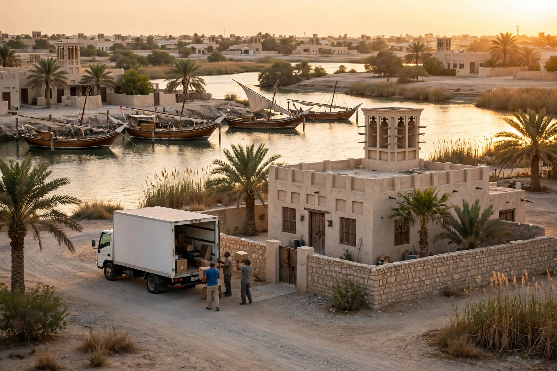 Movers loading a plain white truck outside a home in Al Raas, Umm Al Quwain