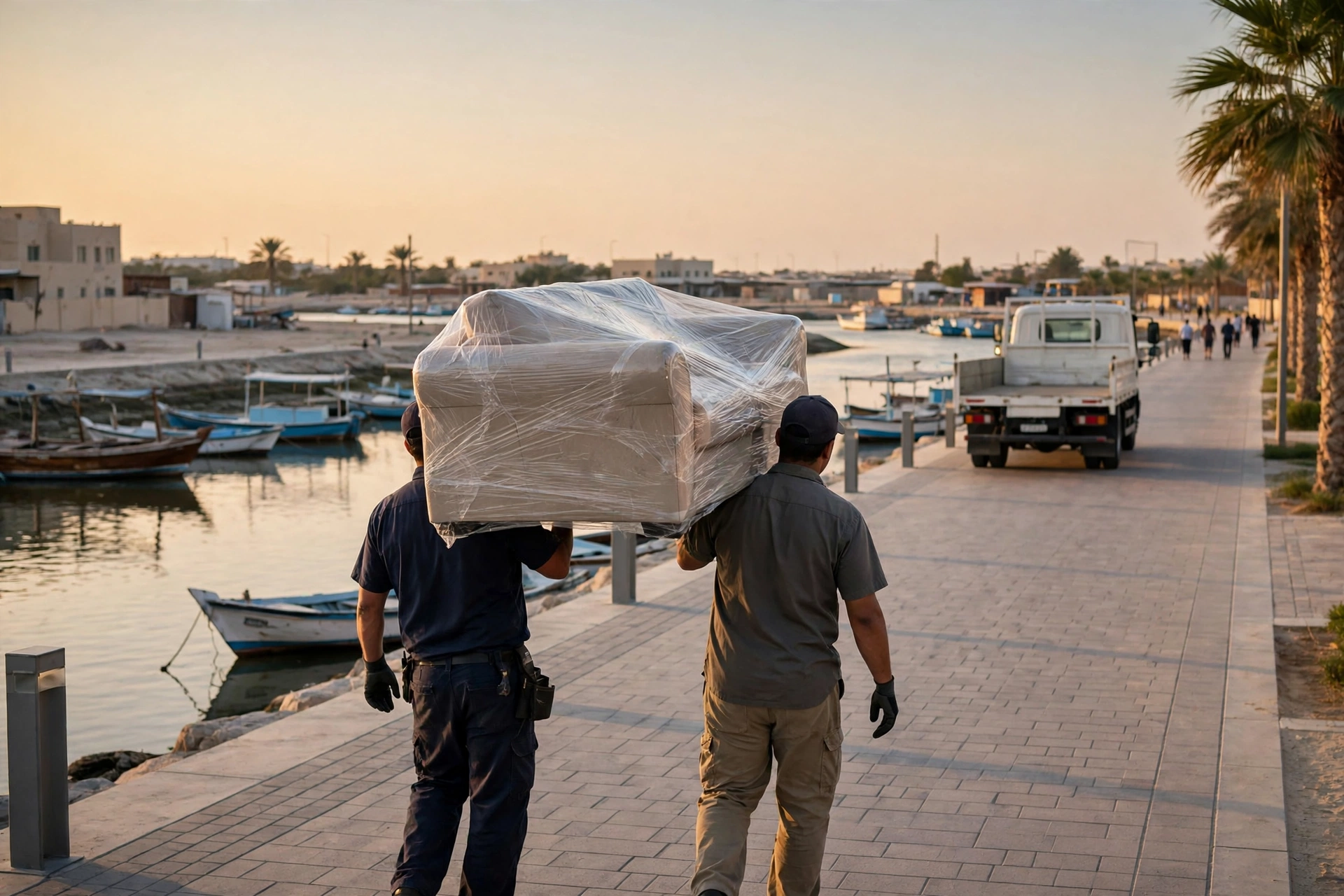 Movers carrying a wrapped sofa in Al Raas, Umm Al Quwain