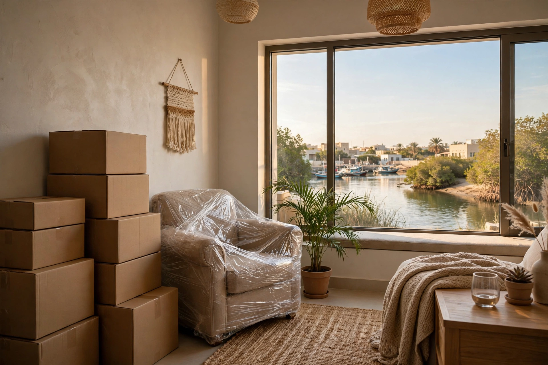Packed and labelled boxes in a living room in Al Raas, Umm Al Quwain