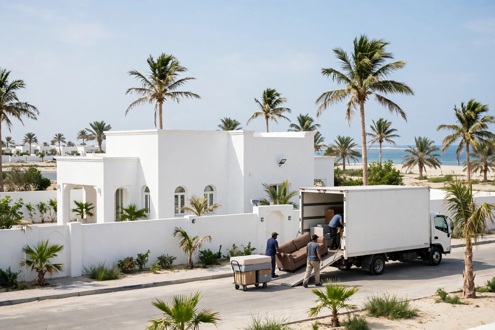 Movers loading a plain white truck outside a home in Al Rafaah, Umm Al Quwain