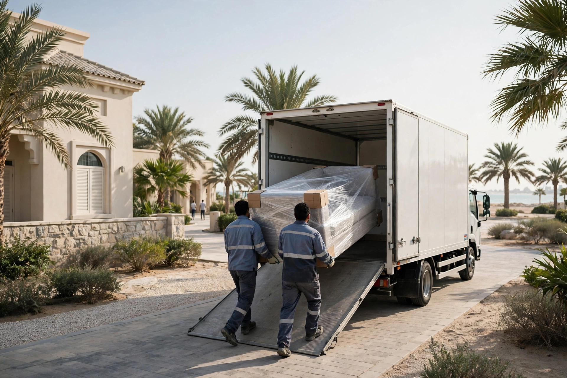 Movers carrying a wrapped sofa in Al Rafaah, Umm Al Quwain