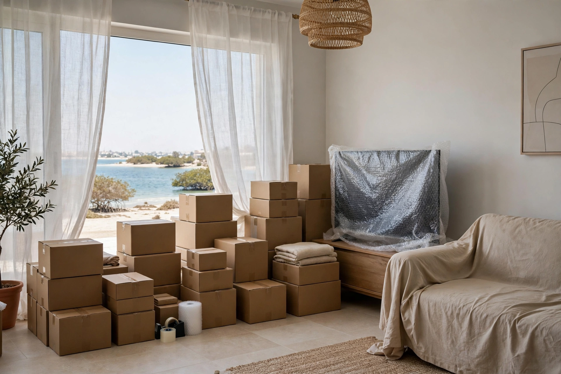 Packed and labelled boxes in a living room in Al Rafaah, Umm Al Quwain