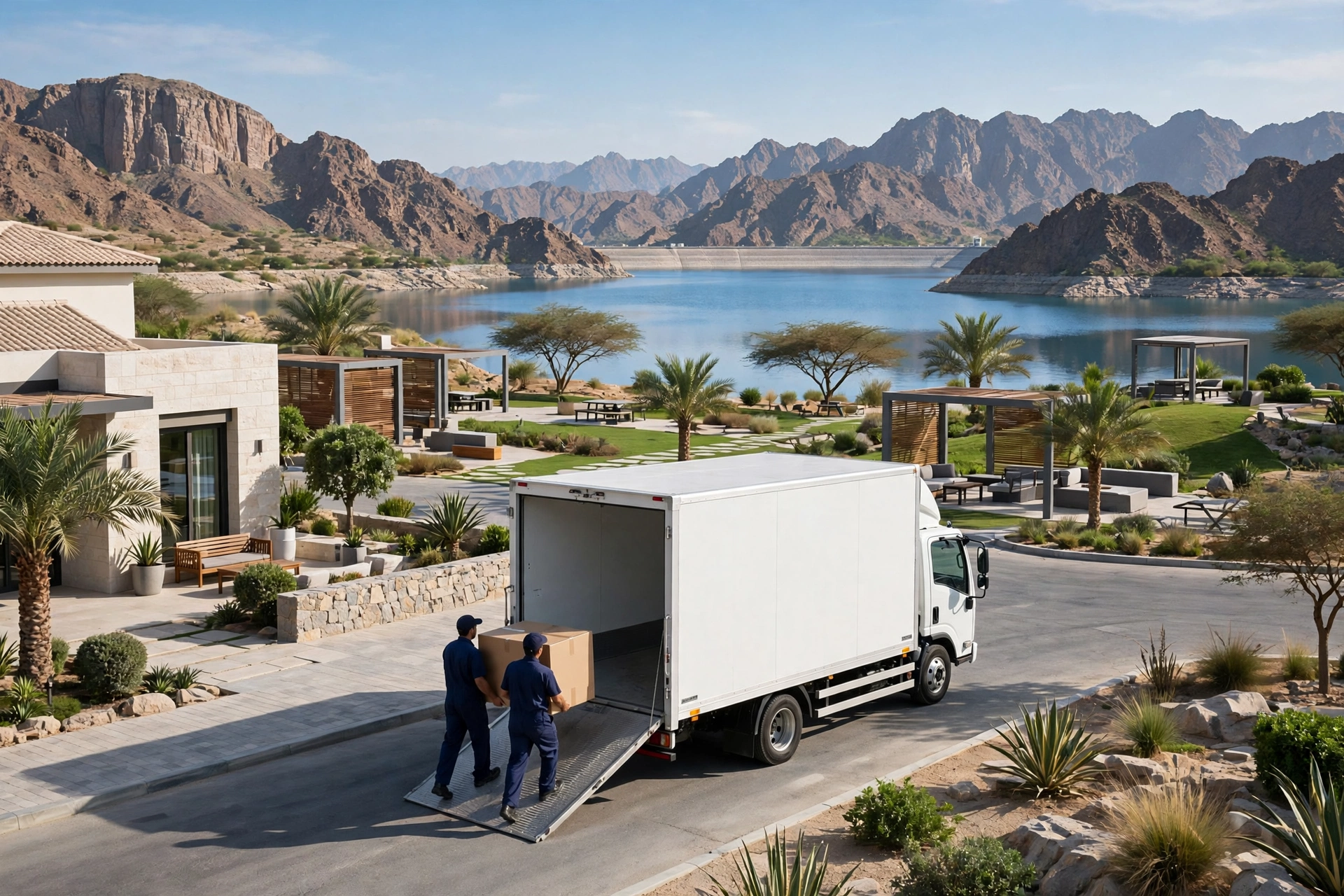 Movers loading a plain white truck outside a home in Al Rafisah, Khor Fakkan