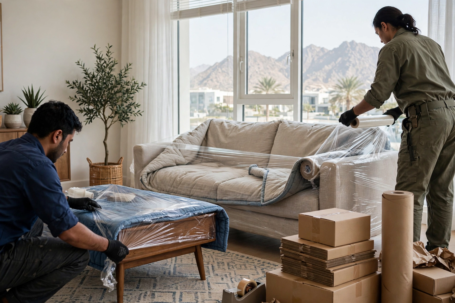 Movers carrying a wrapped sofa through a doorway in Al Rafisah, Khor Fakkan