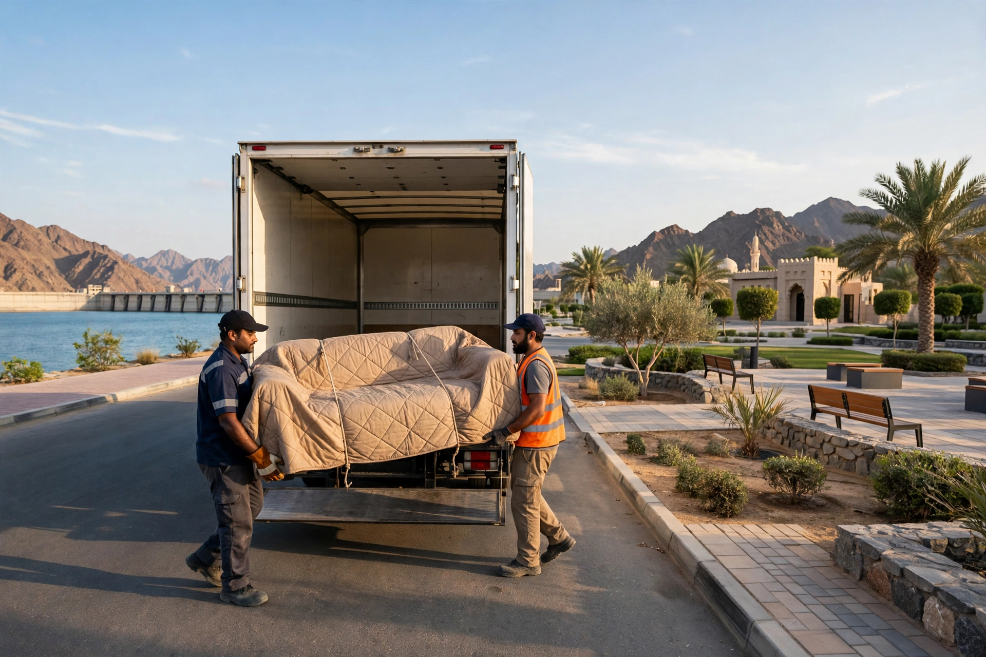 Packed and labelled boxes ready in a bright living room in Al Rafisah, Khor Fakkan