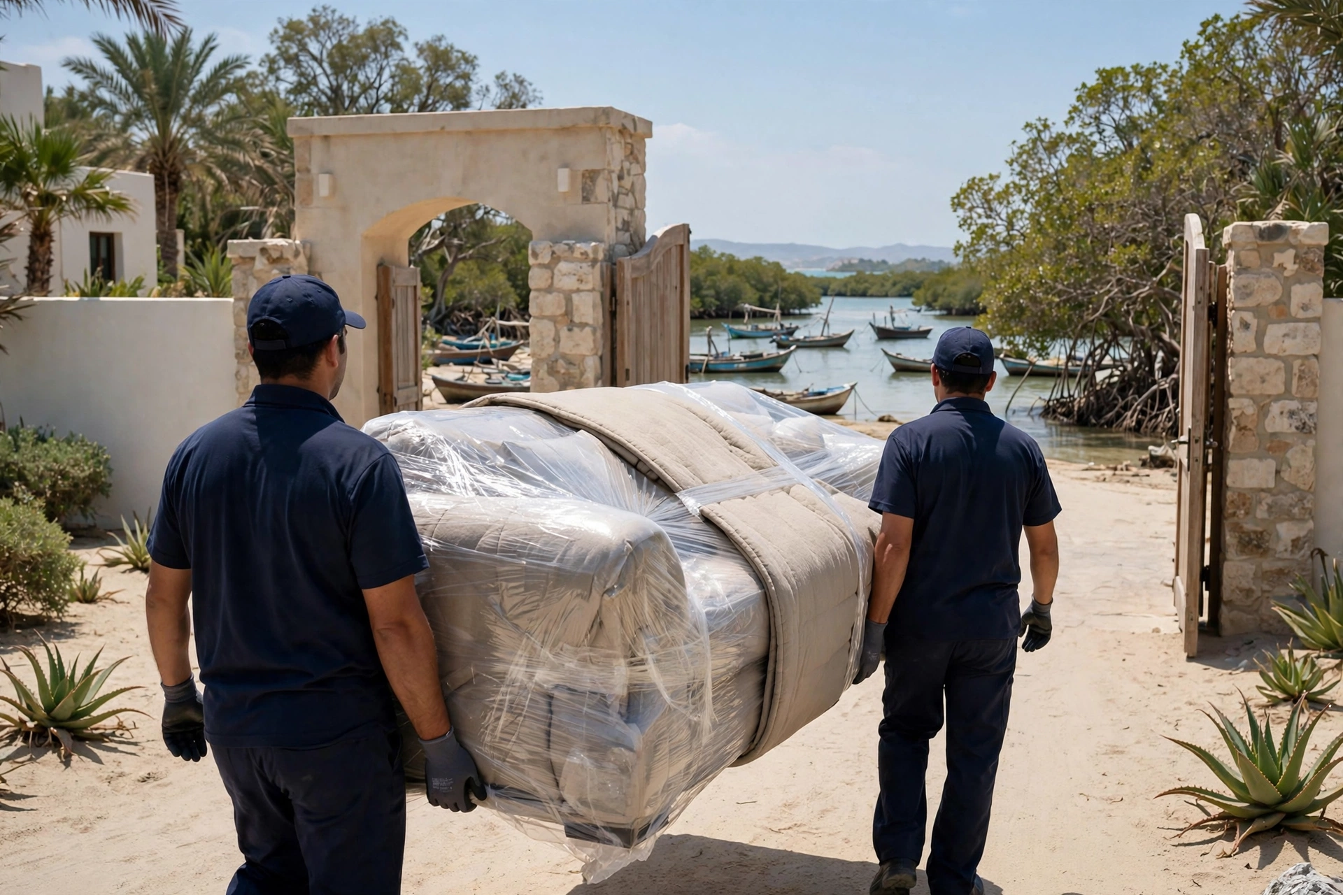 Crew carrying a wrapped traditional chest out of a home in Al Rams