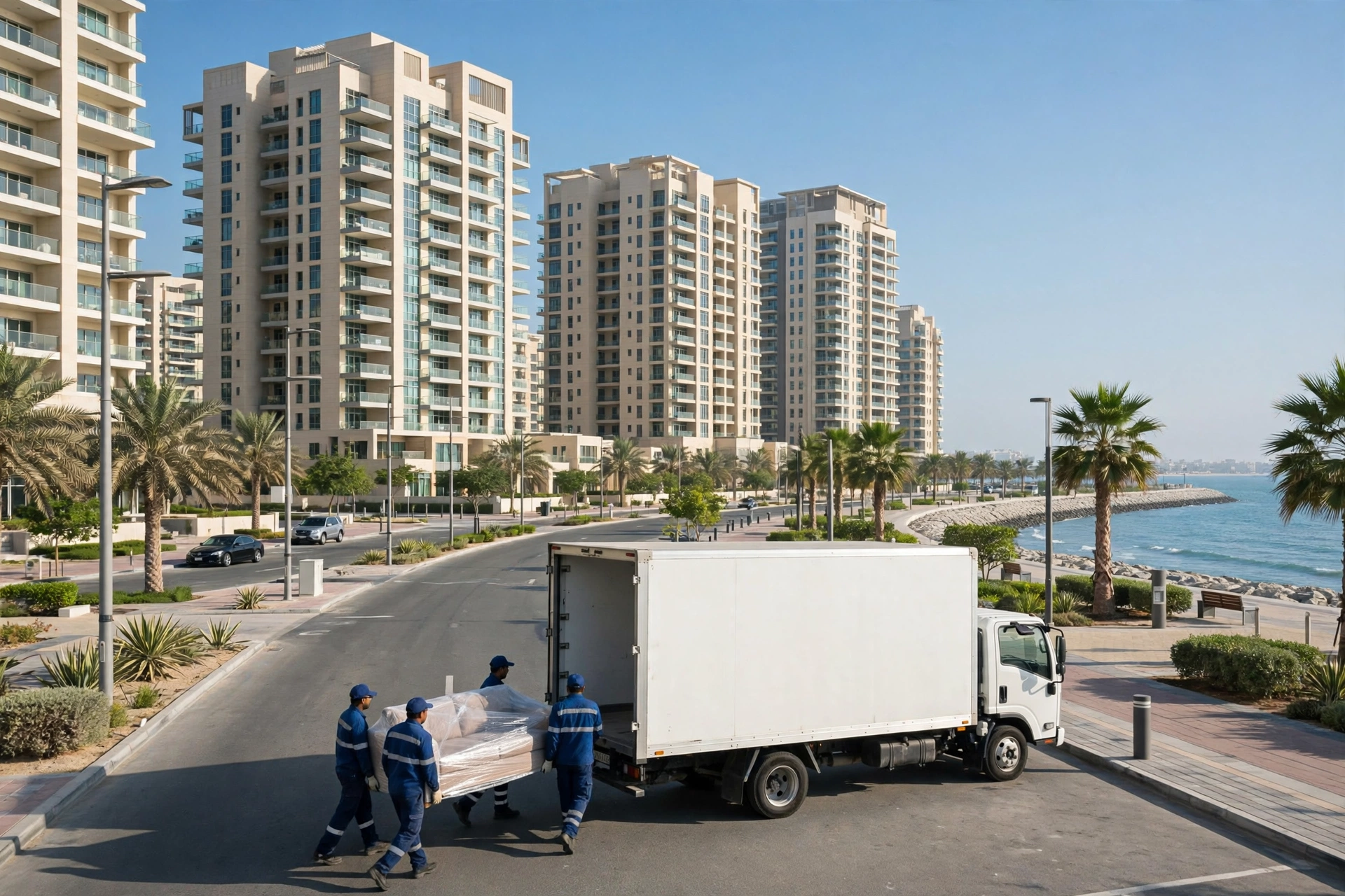 Movers loading a plain white truck outside a home in Al Rashidiya, Ajman