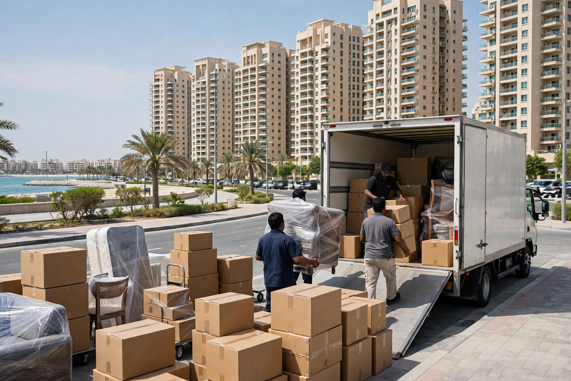 Packed and labelled boxes in a living room in Al Rashidiya, Ajman