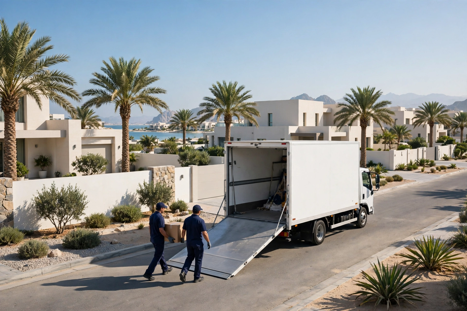 Movers loading a plain white truck outside a family villa in Al Rashidiya, Dibba