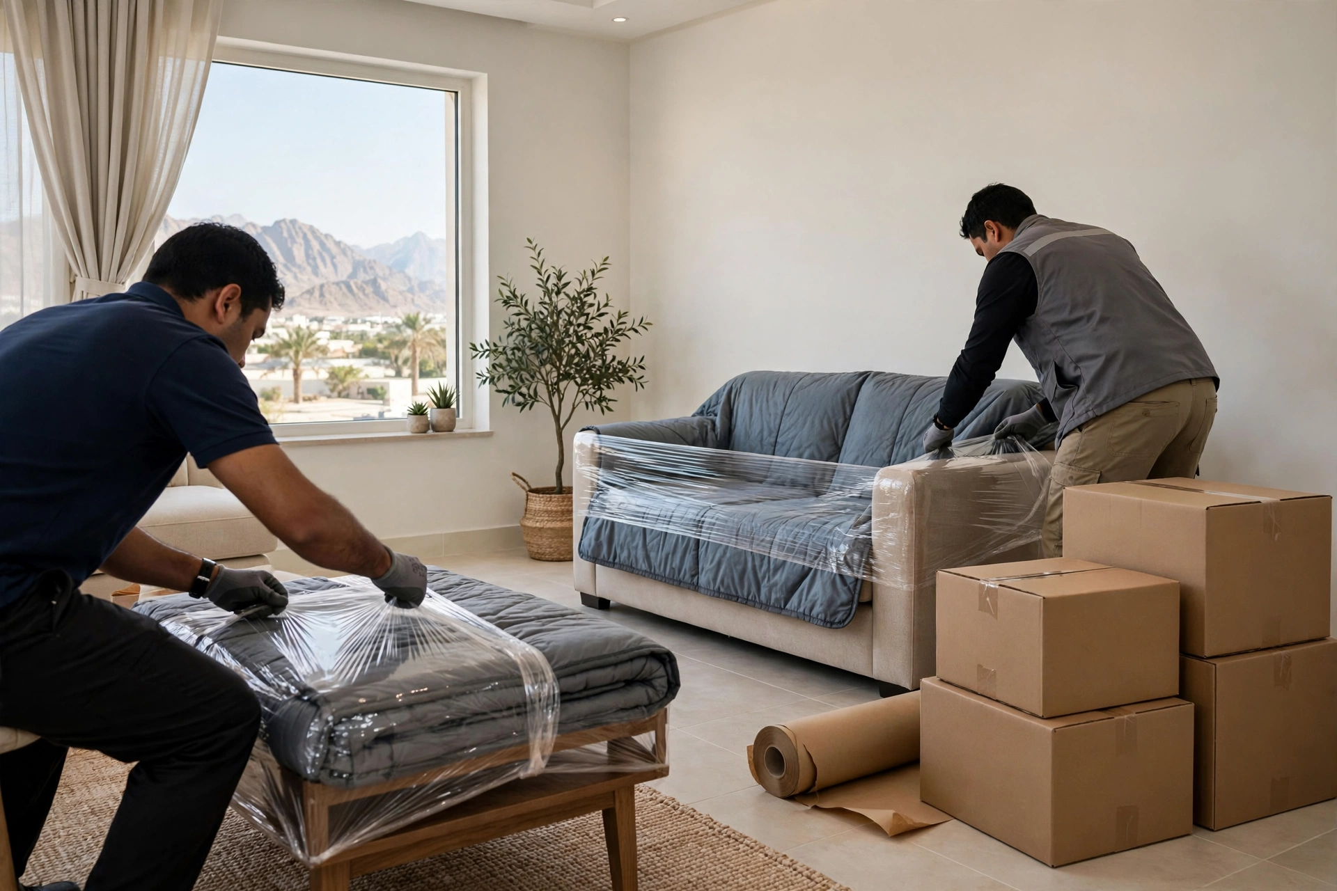 Movers carrying a wrapped sofa through a villa gate in Al Rashidiya, Dibba