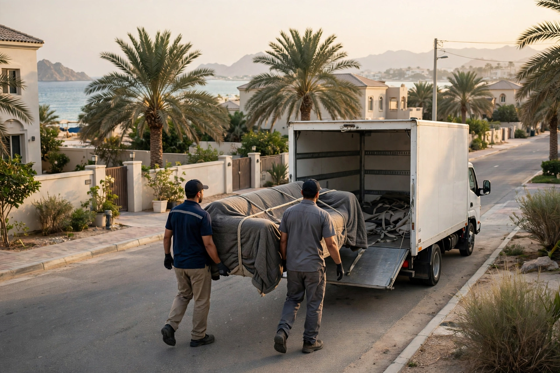 Packed and labelled boxes in a bright living room in Al Rashidiya, Dibba
