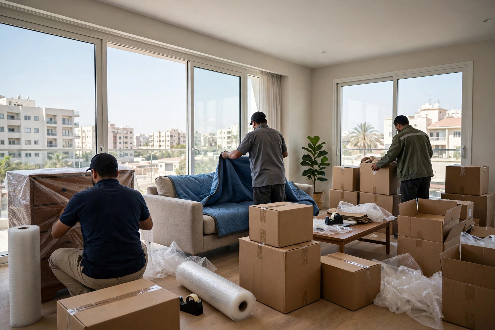Movers carrying a wrapped sofa in Al Rawda, Ajman