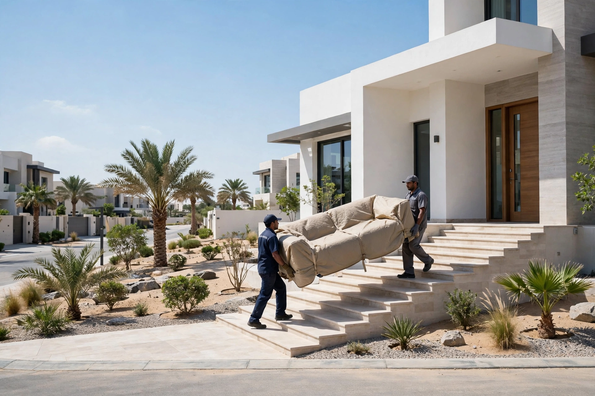 Movers carrying a wrapped sofa in Al Salamah, Umm Al Quwain