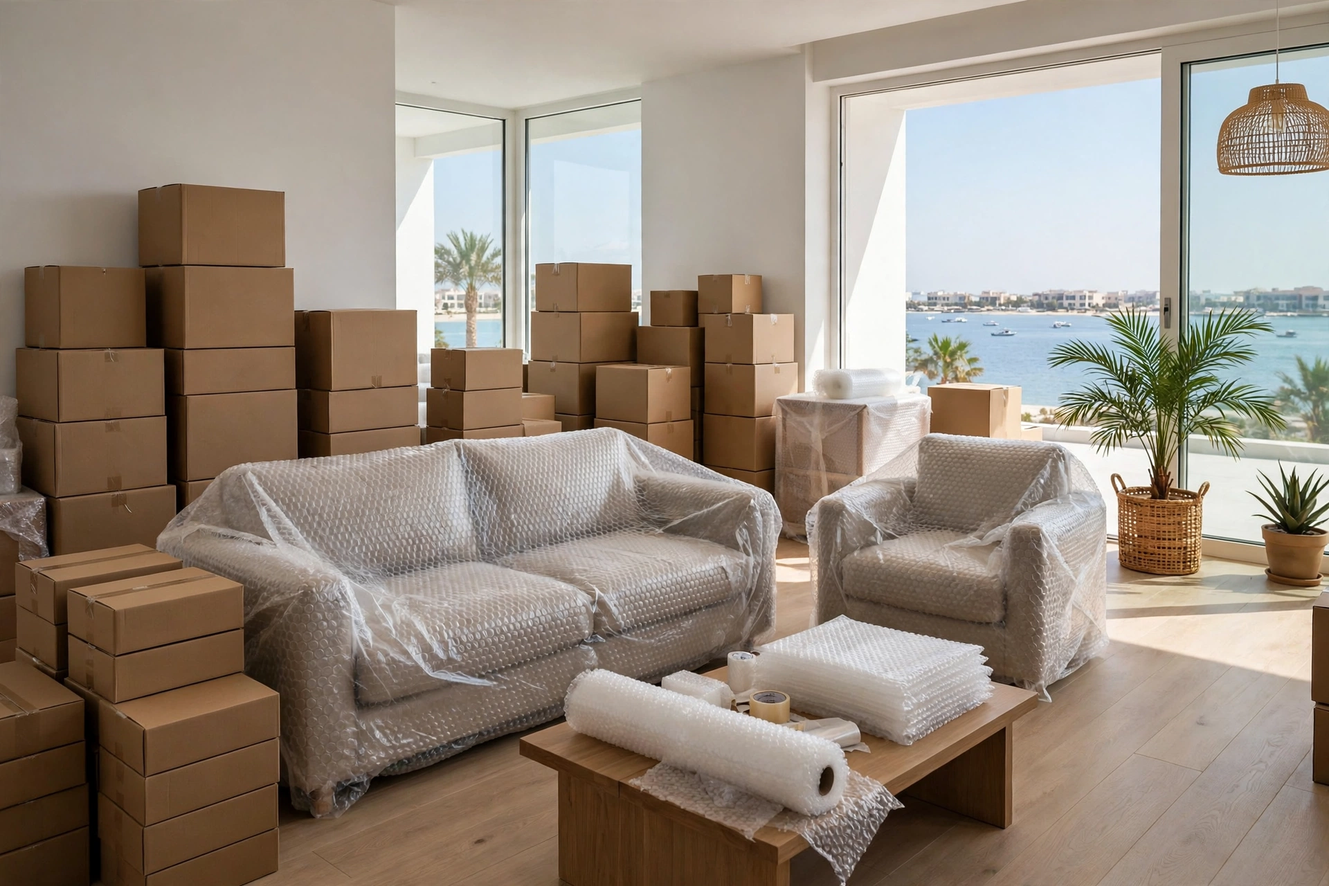 Packed and labelled boxes in a living room in Al Salamah, Umm Al Quwain