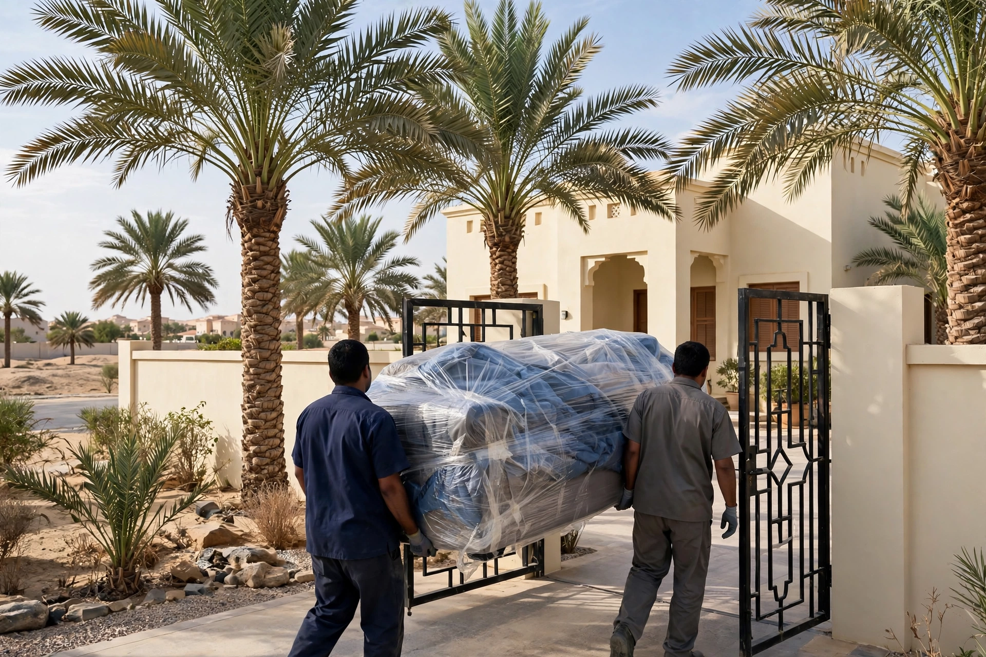Movers carrying a wrapped sofa through a villa gate in Al Sarooj, Al Ain