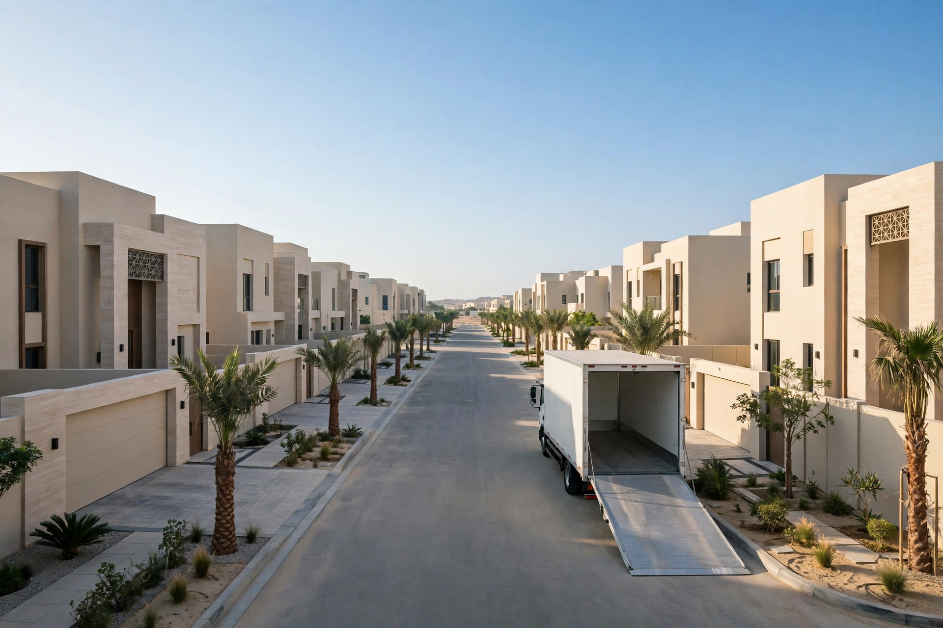 Movers loading a truck outside a new villa in Al Shamkha, Abu Dhabi