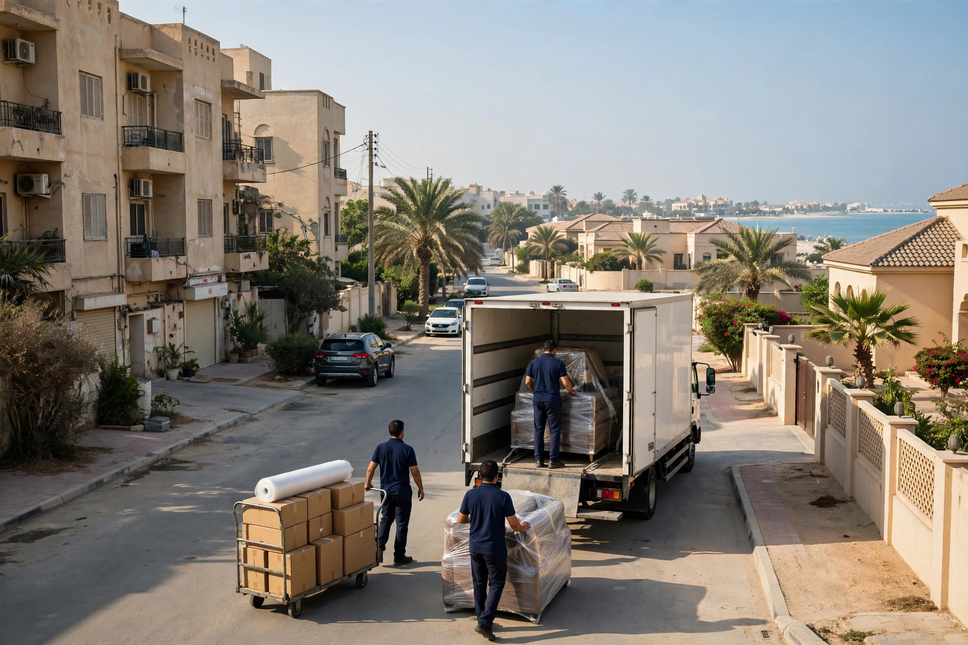 Movers loading a plain white truck outside a villa in Al Sharqan, Sharjah