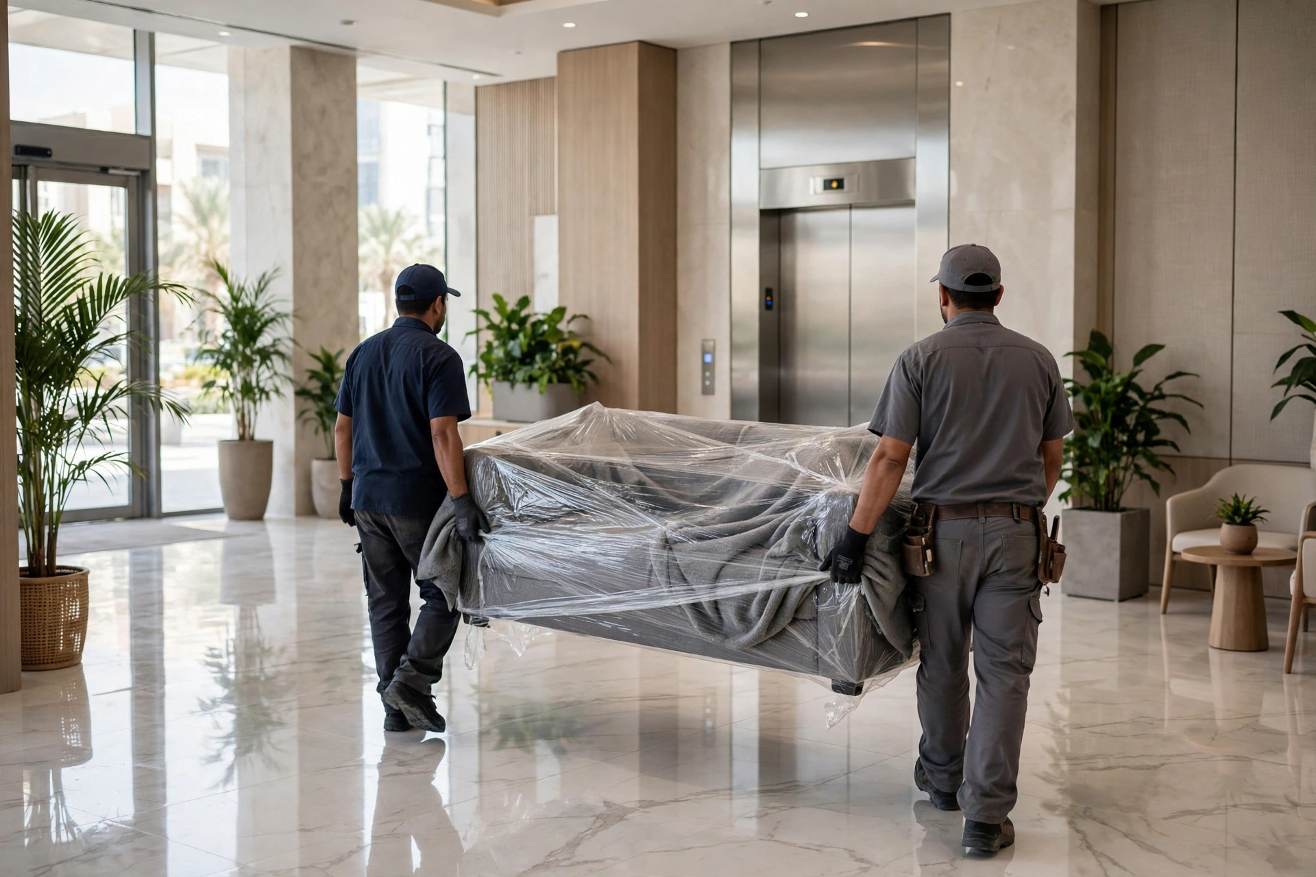Movers carrying a wrapped majlis sofa through a villa gate in Al Sharqan, Sharjah