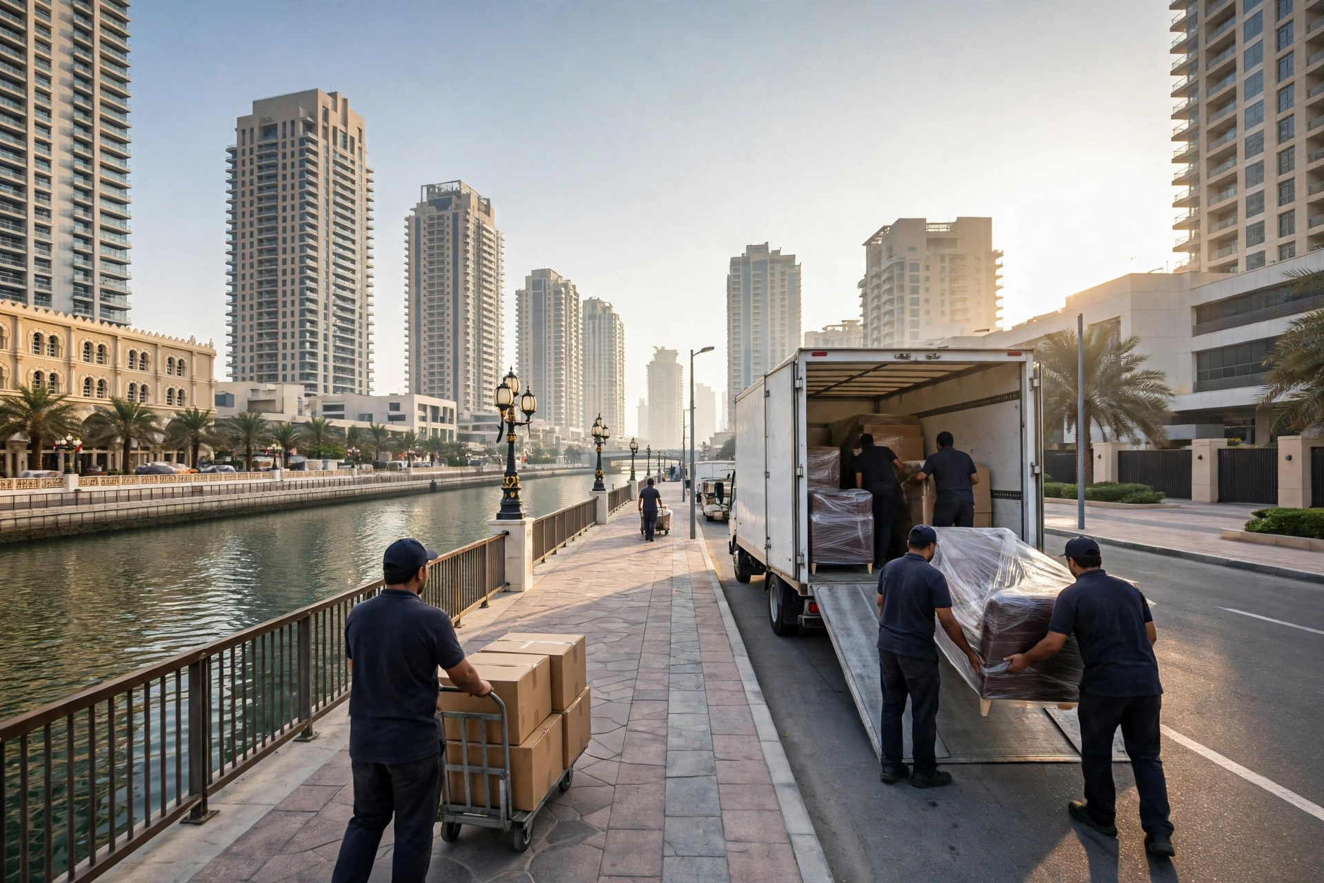 Movers loading a plain white truck outside a lagoon tower in Al Tawun, Sharjah