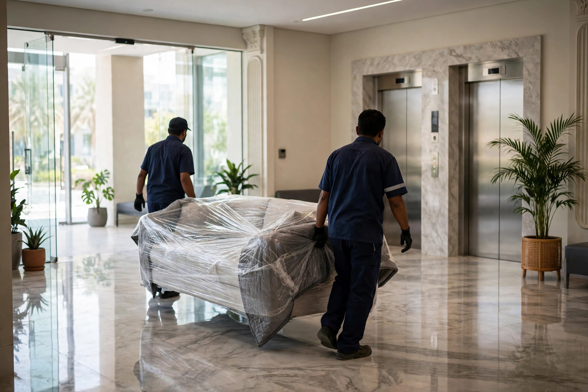 Movers carrying a wrapped sofa section through a lift lobby in Al Tawun, Sharjah