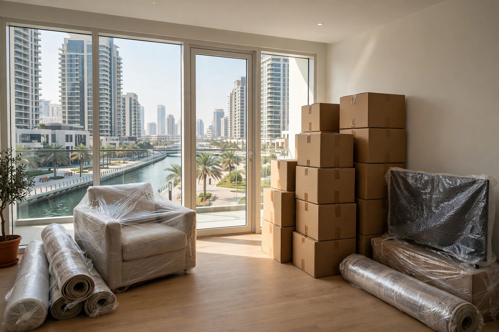 Packed and labelled boxes ready in a bright lagoon-view living room in Al Tawun, Sharjah