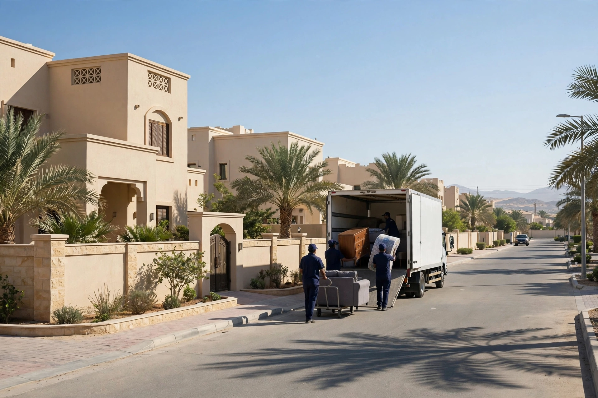 Movers loading a plain white truck outside a family villa in Al Towayya, Al Ain