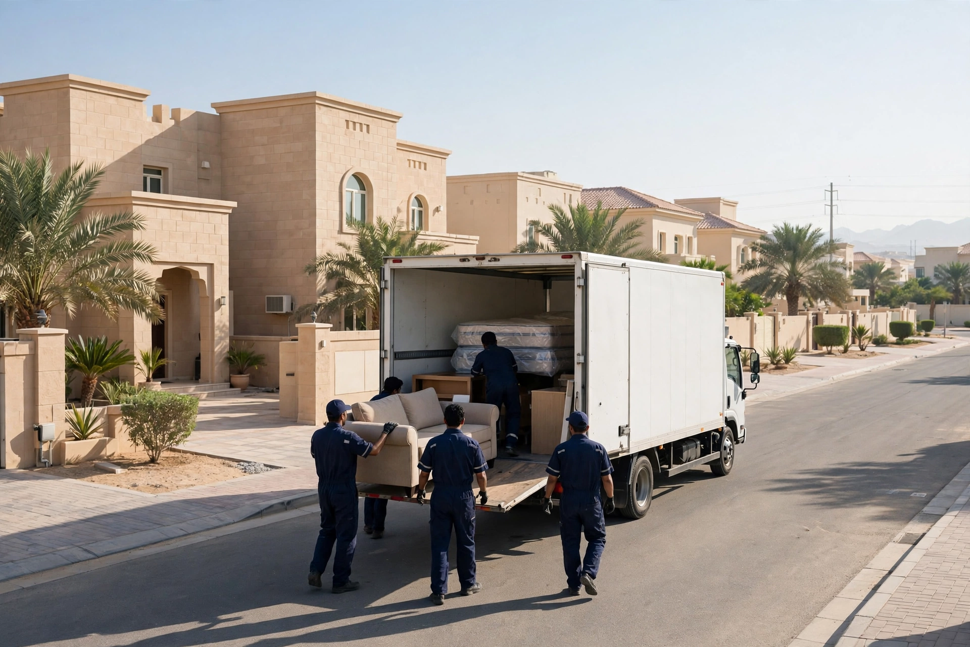 Movers loading a plain white truck outside a rural villa in Al Uraibi, Ras Al Khaimah