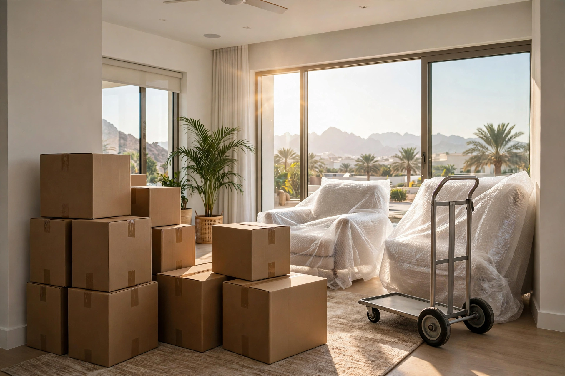 Labelled packing boxes stacked in a bright Al Uraibi farmhouse living room