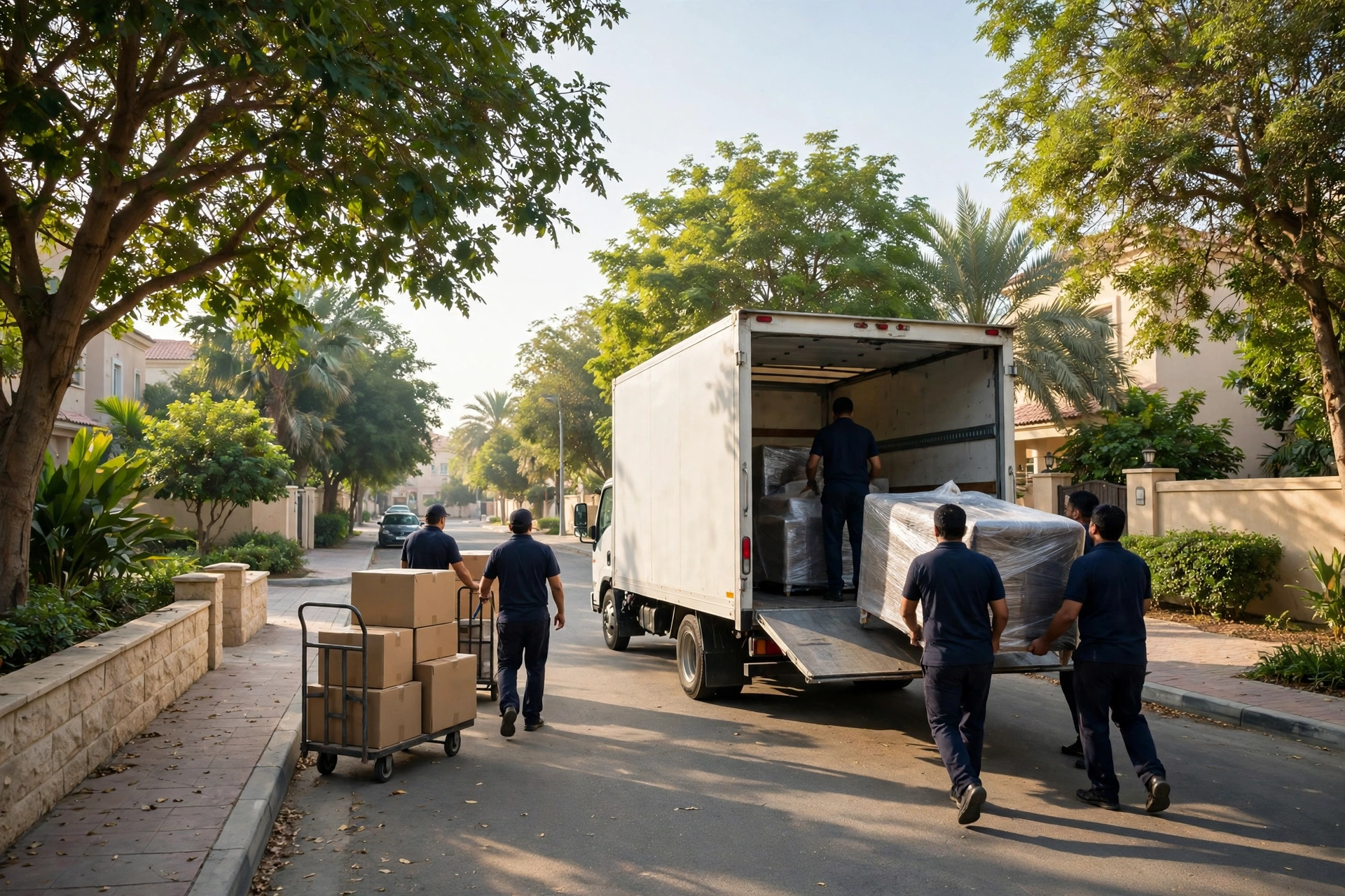 Movers loading a plain white truck outside a villa in Al Yarmouk, Sharjah