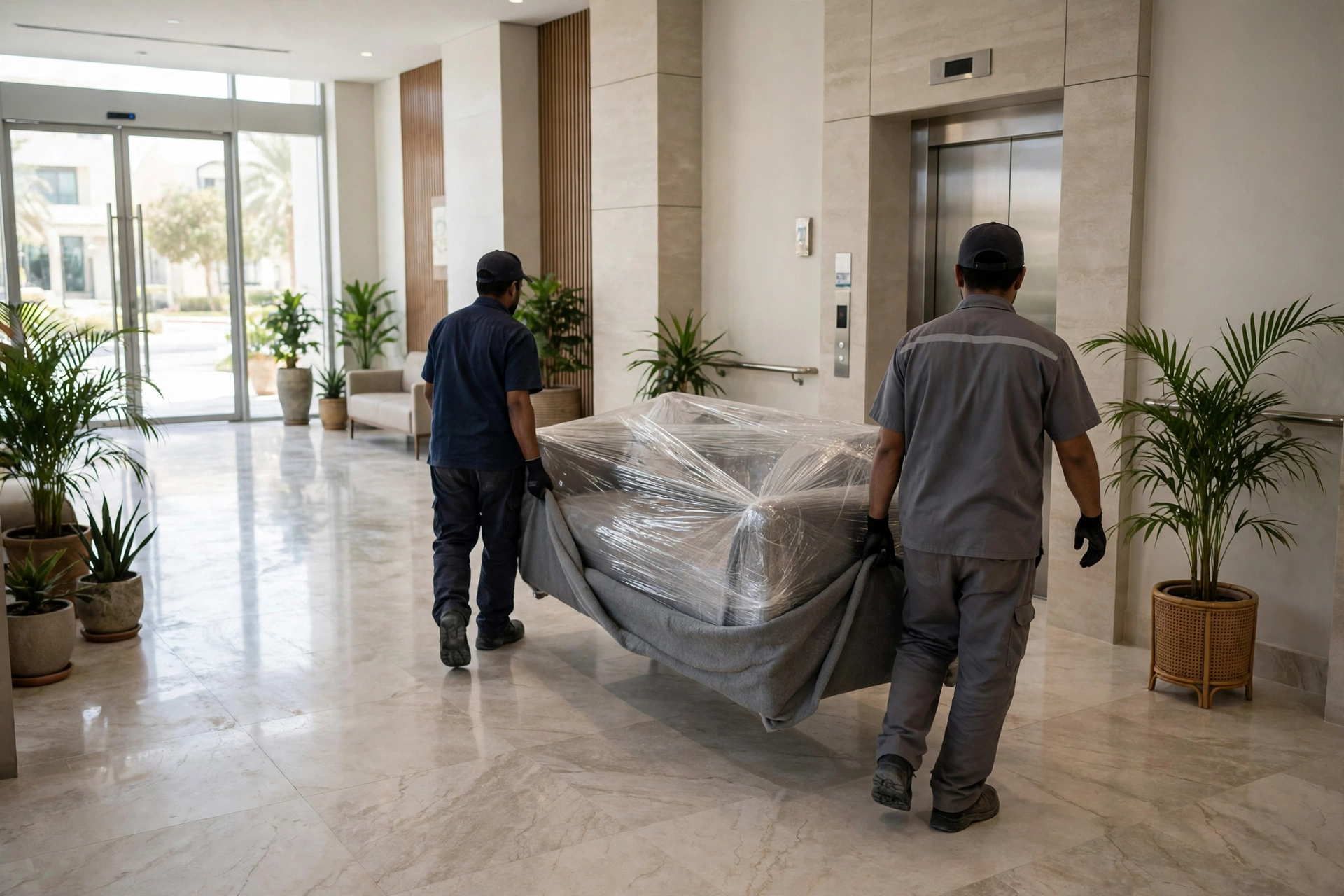 Movers carrying a wrapped sofa through a villa gate in Al Yarmouk, Sharjah