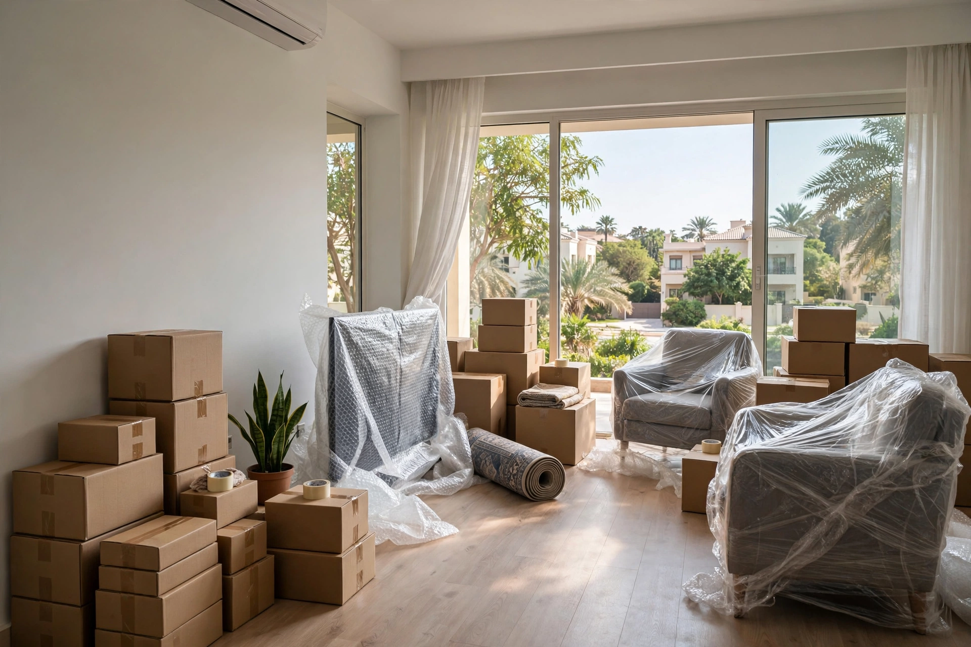 Packed and labelled boxes ready in an Al Yarmouk villa living room