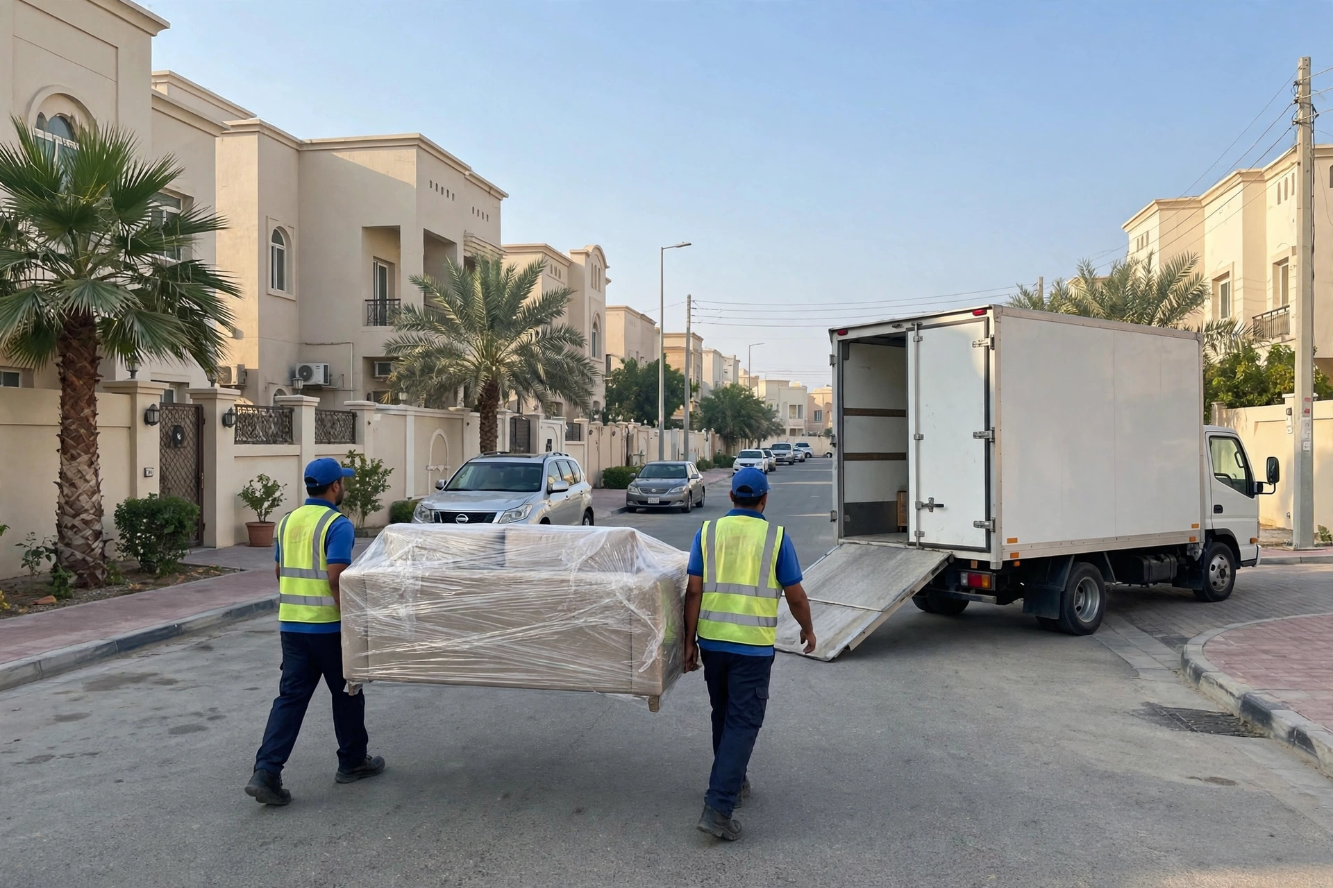 Movers loading a plain white truck outside a home in Al Zahra, Ajman