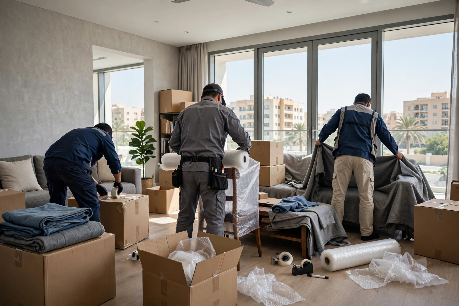 Movers carrying a wrapped sofa in Al Zahra, Ajman